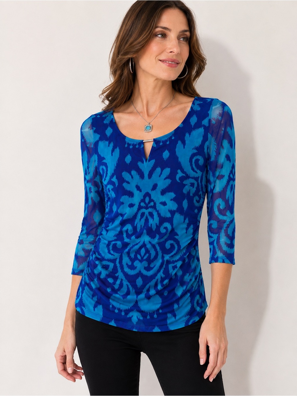 INC International Concepts Blue & Turquoise Ikat Print Mesh Top – Size Medium